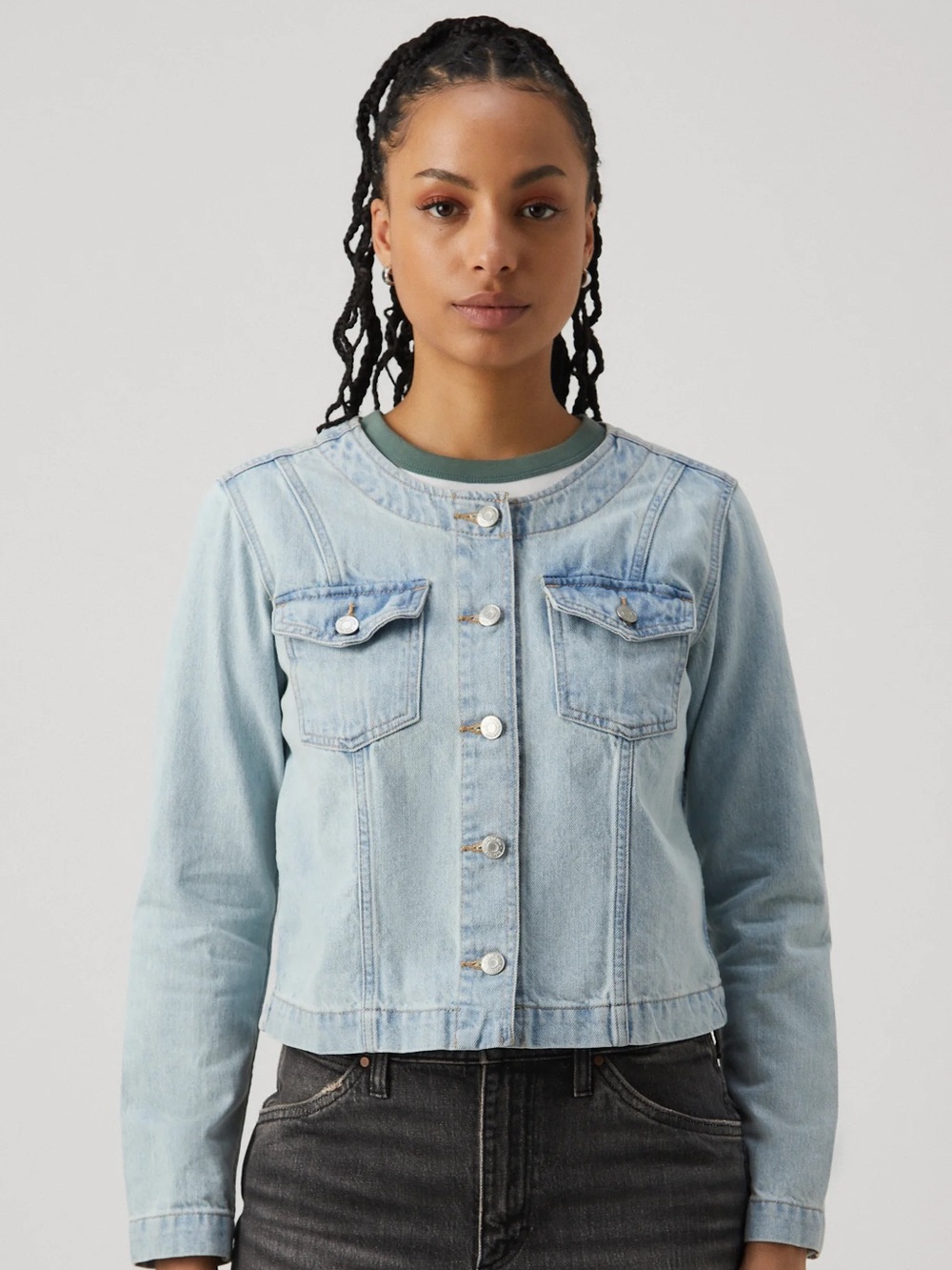 GAP Collarless Light Wash Denim Button-Up Jacket